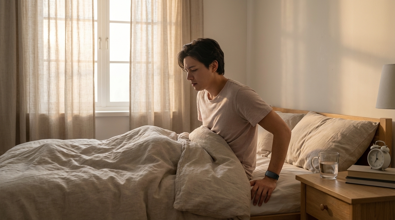 Young adult waking independently in a sunrise bedroom while wearing a Dawn Band on the wrist